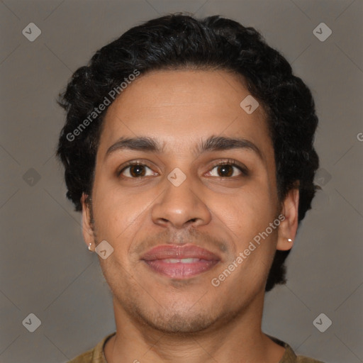 Joyful latino young-adult male with short  brown hair and brown eyes