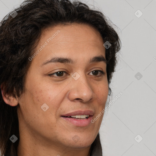 Joyful white adult female with short  brown hair and brown eyes