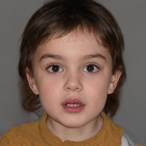 Neutral white child female with medium  brown hair and blue eyes