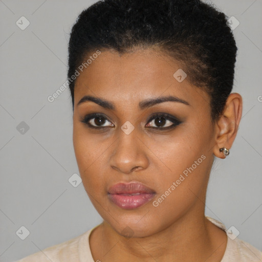 Neutral black young-adult female with short  brown hair and brown eyes