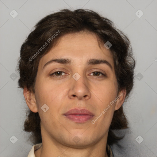 Joyful white adult female with medium  brown hair and brown eyes