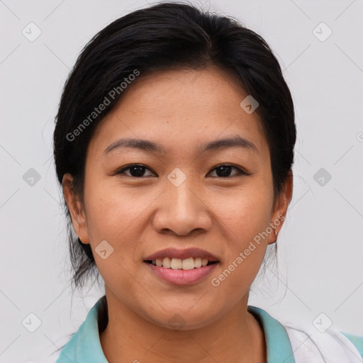 Joyful asian young-adult female with medium  brown hair and brown eyes