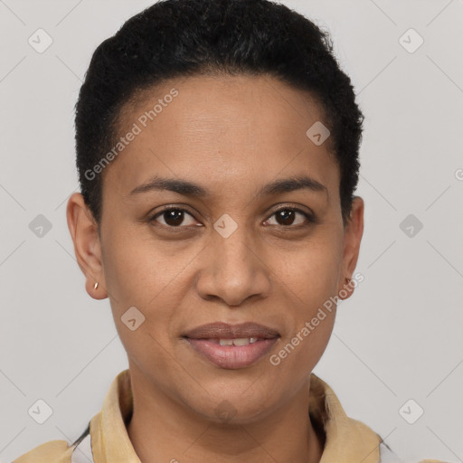 Joyful latino young-adult female with short  brown hair and brown eyes