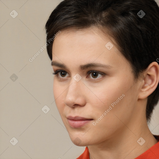 Neutral white young-adult female with short  brown hair and brown eyes