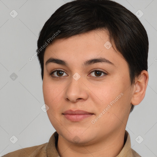 Joyful white young-adult female with short  brown hair and brown eyes