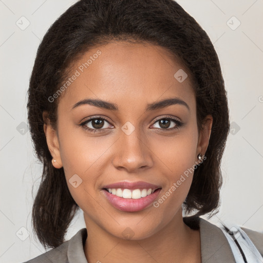 Joyful white young-adult female with medium  brown hair and brown eyes