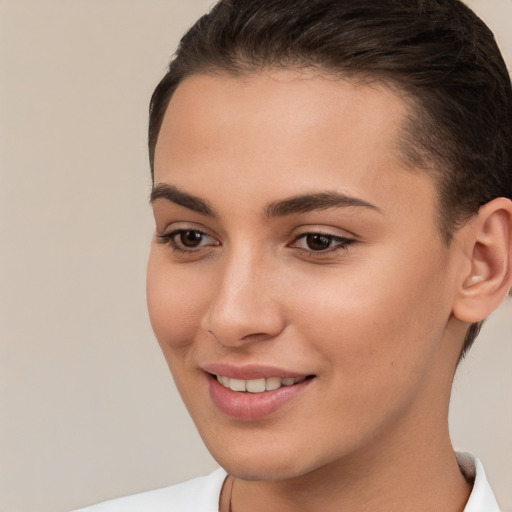 Joyful white young-adult female with short  brown hair and brown eyes