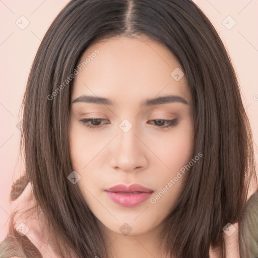 Neutral asian young-adult female with long  brown hair and brown eyes