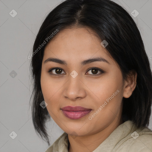 Joyful asian young-adult female with medium  brown hair and brown eyes