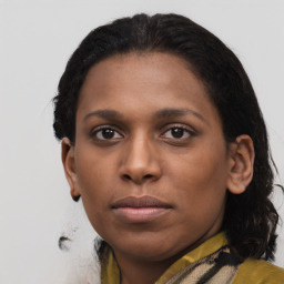 Neutral black young-adult female with short  black hair and brown eyes