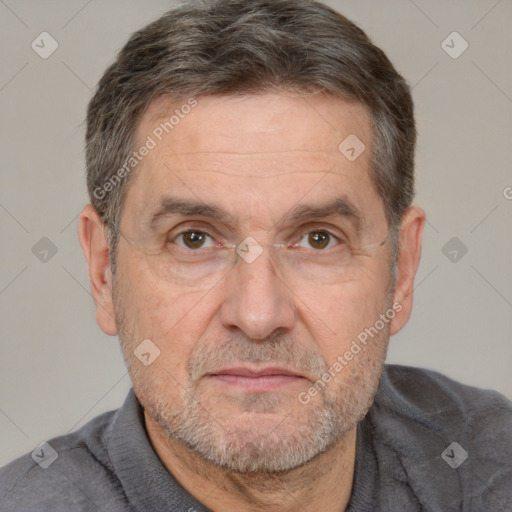 Neutral white middle-aged male with short  brown hair and brown eyes