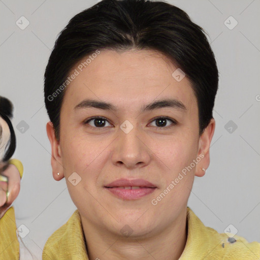 Joyful white young-adult female with short  brown hair and brown eyes