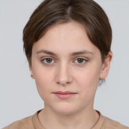 Neutral white young-adult female with short  brown hair and brown eyes