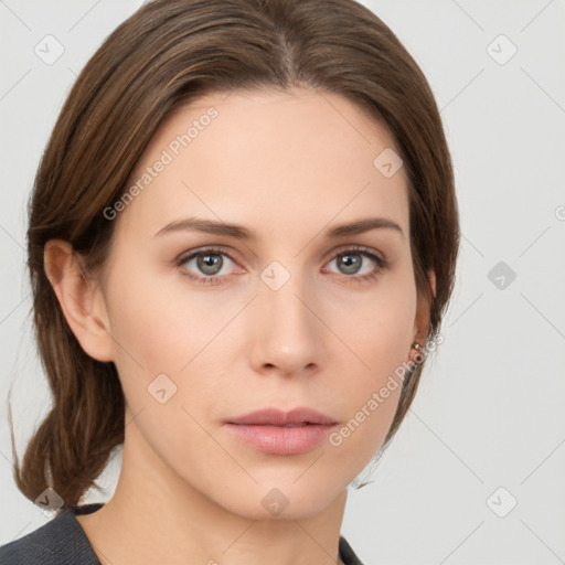 Neutral white young-adult female with medium  brown hair and grey eyes