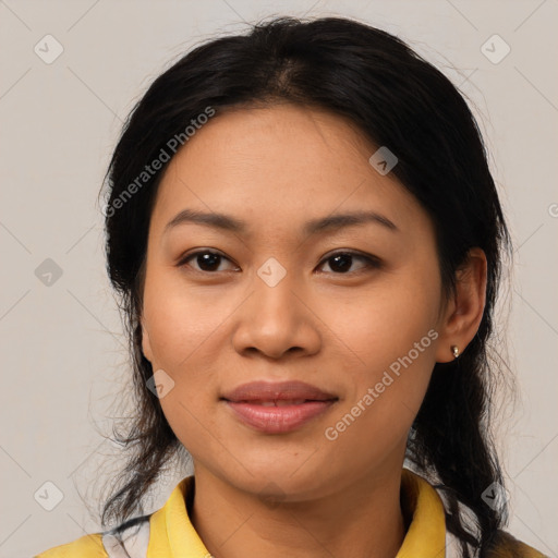 Joyful asian young-adult female with medium  black hair and brown eyes