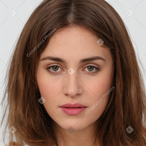 Neutral white young-adult female with long  brown hair and brown eyes