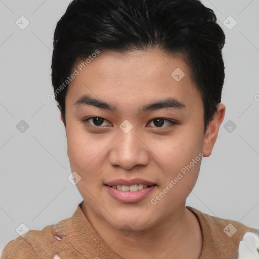 Joyful asian young-adult female with short  black hair and brown eyes