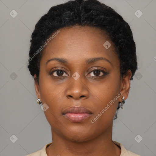 Neutral black young-adult female with short  black hair and brown eyes