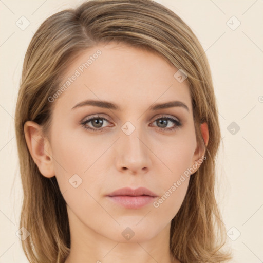 Neutral white young-adult female with long  brown hair and brown eyes