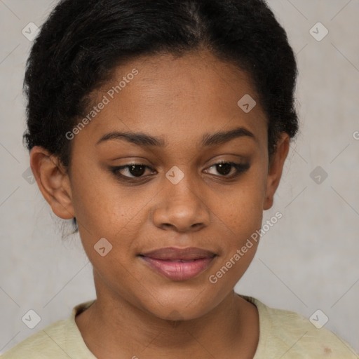 Joyful latino young-adult female with short  brown hair and brown eyes