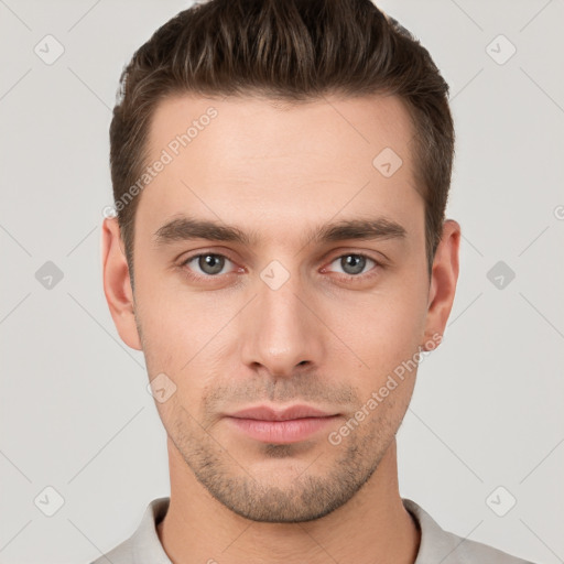 Neutral white young-adult male with short  brown hair and brown eyes