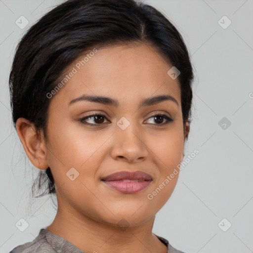 Joyful latino young-adult female with medium  black hair and brown eyes