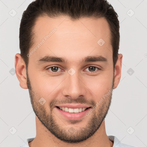 Joyful white young-adult male with short  brown hair and brown eyes