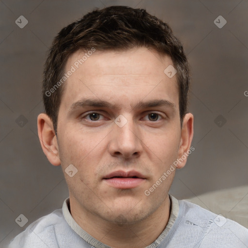 Neutral white young-adult male with short  brown hair and grey eyes