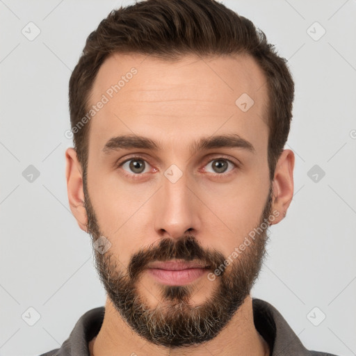 Neutral white young-adult male with short  brown hair and brown eyes