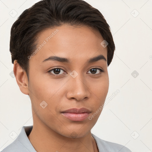 Neutral white young-adult female with short  brown hair and brown eyes