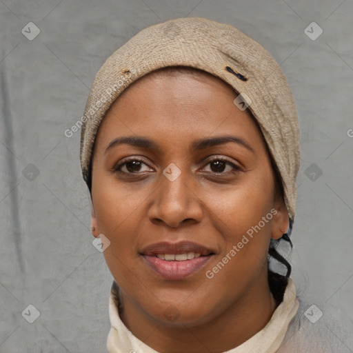 Joyful white young-adult female with short  black hair and brown eyes