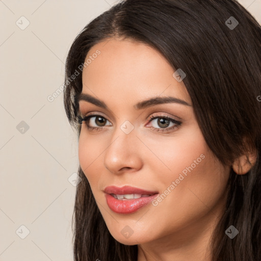 Neutral white young-adult female with long  brown hair and brown eyes