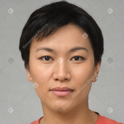 Neutral asian young-adult female with short  black hair and brown eyes