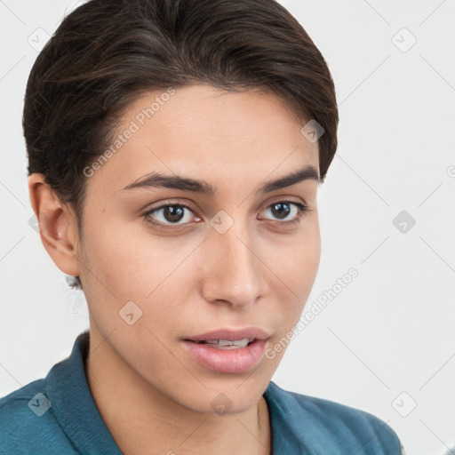 Neutral white young-adult female with medium  brown hair and brown eyes