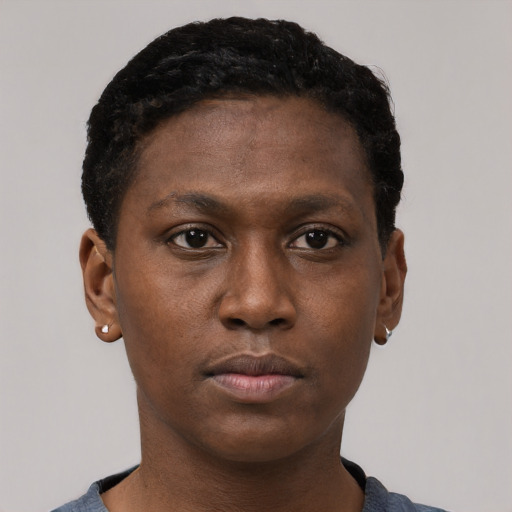 Neutral black young-adult female with short  black hair and brown eyes