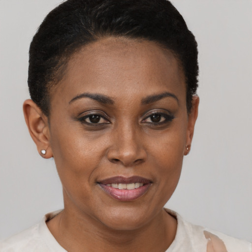 Joyful black young-adult female with short  brown hair and brown eyes