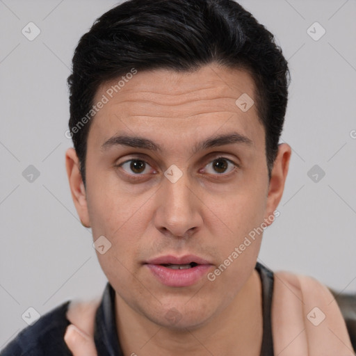 Joyful white adult male with short  brown hair and brown eyes