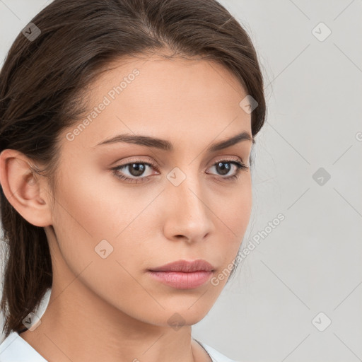 Neutral white young-adult female with medium  brown hair and brown eyes