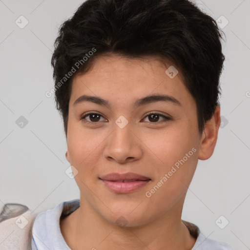 Joyful asian young-adult female with short  brown hair and brown eyes