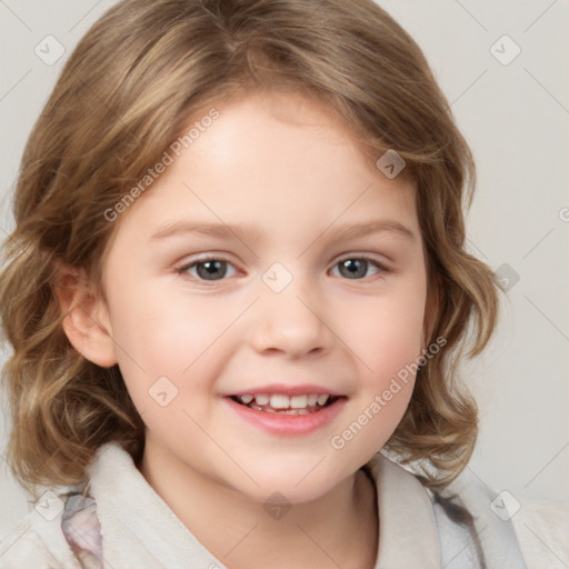 Joyful white child female with medium  brown hair and blue eyes