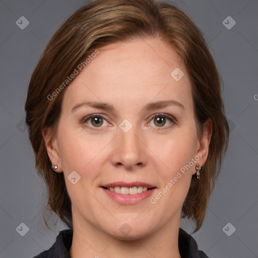 Joyful white adult female with medium  brown hair and grey eyes