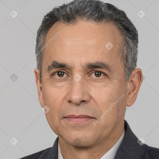 Neutral white middle-aged male with short  black hair and brown eyes