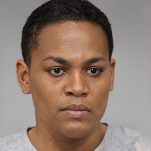 Neutral black young-adult female with short  brown hair and brown eyes