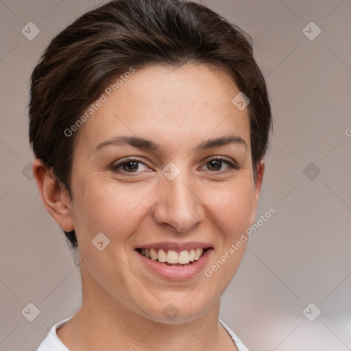 Joyful white young-adult female with short  brown hair and brown eyes