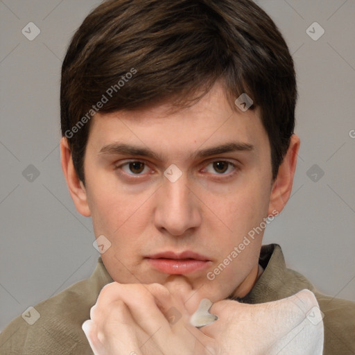 Neutral white young-adult male with short  brown hair and grey eyes