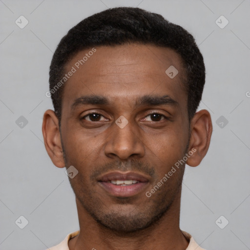 Neutral latino young-adult male with short  brown hair and brown eyes