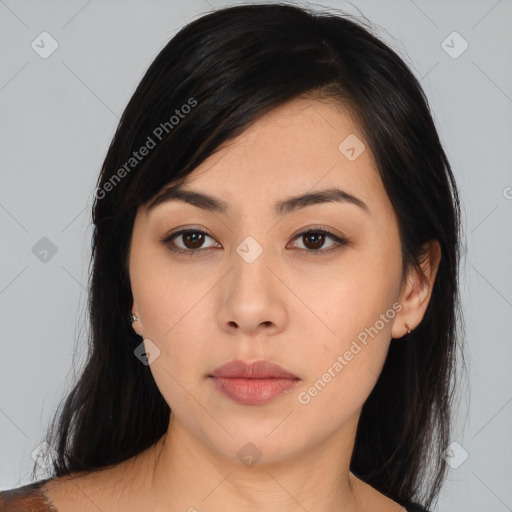 Neutral asian young-adult female with medium  black hair and brown eyes