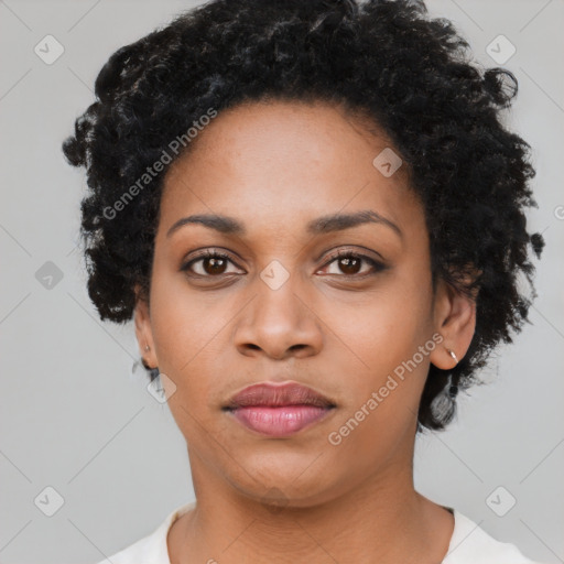 Neutral black young-adult female with short  black hair and brown eyes