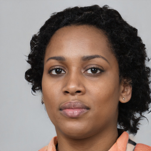 Neutral black young-adult female with medium  black hair and brown eyes