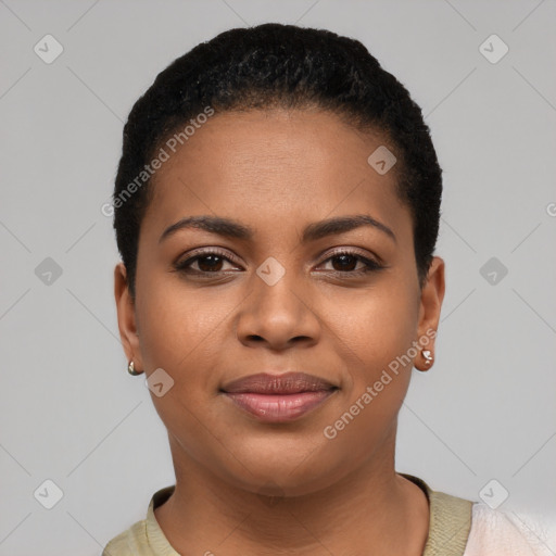 Joyful black young-adult female with short  black hair and brown eyes